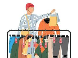 Man Near Rack with Clothes. Mens Clothes on Hanger. Home or Shop Wardrobe. Clothes and Accessories. Various Hanging Clothing. Jacket, Shirt, Jeans, Pants. Cartoon Flat Vector Illustration