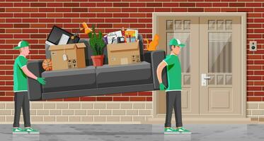 Delivery character man movers carry sofa with household items. Porters carry couch isolated. Moving company with loaders and furniture. Delivery relocation service. Flat vector illustration