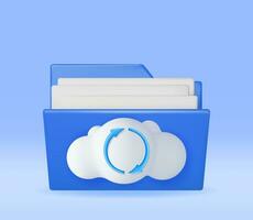 3D Blue Folder in Clouds with File Sync Icon Isolated. Render Computer File Folder with Synchronization Cloud. Data Center, Cloud Storage Concept. Online Backup. Internet Archive. Vector Illustration