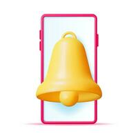 3D Mobile Phone with Ringing Bell Isolated. Smartphone Notification Popup. Golden Render Ringing Bell. Alert and Alarm Symbol. Social Media Network Notification Reminder. Vector Illustration