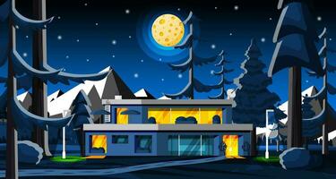Country House in Night Forest Landscape. Cottage Among Trees with Mountains. Panoramic Countryside of Green Field with Modern Building. Summer Nature Landscape. Cartoon Flat Vector Illustration