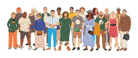 Diverse Multicultural and Multiracial People Group. Man and Woman in Trendy Outfit Standing Together. People with Different Hairstyles and Ethnicities in Casual Clothes. Flat Vector Illustration
