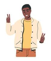 Cheerful Man Showing Peace Gesture with Fingers. Smiling Male Character With Victory Sign. Expression of Feelings and Emotions Concept. Body Language. Gesture of Success. Flat Vector Illustration