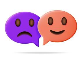 3D Happy and Sad Emoticon on Speech Bubble Isolated. Render Smiling and Unhappy Emoji. Happy and Sad Smile Face. Communication, Web, Social Network Media, App Button. Realistic Vector Illustration