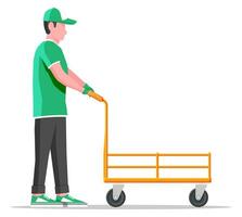 Courier with empty barrow isolated on white. Metallic wheeled trolley and delivery man. Hand truck dolly icon. Transportation warehouse. Cartoon flat vector illustration