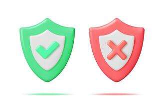 3D Right and Wrong Button in Shield. Green Yes and Red No Correct Incorrect Sign. Checkmark Tick Rejection, Cancel, Error, Stop, Negative, Agreement Approval or Trust Symbol. Vector Illustration