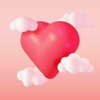 3D Fluffy Cartoon Clouds with Red Heart on Pink Background. Valentine Day, Birthday Card, Product Display Presentation Advertisement. Realistic Vector Illustration