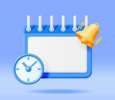 3D Calendar with Clock and Bell Alert Isolated. Render Calendar and Bell Icon. Schedule, Appointment, Organizer, Timesheet, Important Date. Reminder Notification Concept. Minimal Vector Illustration