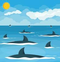 Group of sharks at sea. Shark fins over surface of water in ocean. Wildlife, nature. Vector illustration in flat style