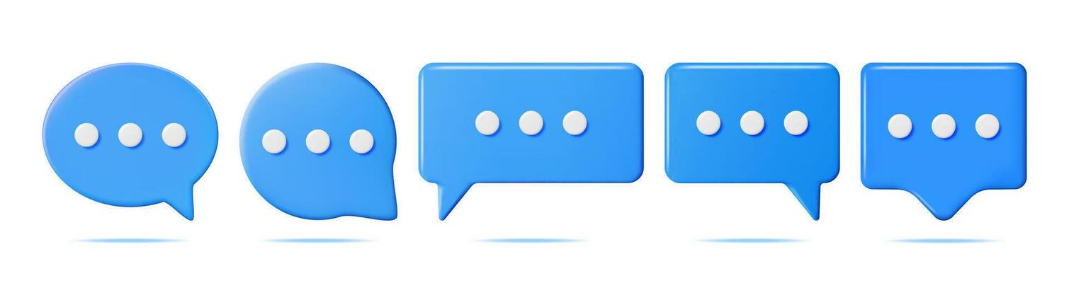 3D Blue Blank Speech Bubbles Set Isolated. Square and Round Rendering Chat Balloon Pin. Notification Shape Mockup. Communication, Web, Social Network Media, App Button. Realistic Vector Illustration