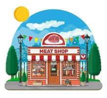 Vintage butcher shop store facade with storefront. Meat street market. Meat store stall showcase counter. Sausage slices delicatessen gastronomic product of beef pork chicken. Flat vector illustration