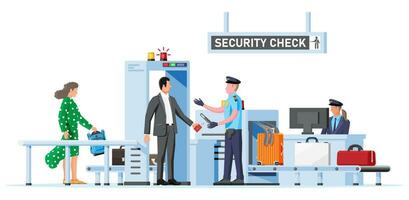 Passengers Passes Security Check. Airport Security Guard on Metal Detector. Check Point Isolated on White. Officers Waiting for Passengers to Check Baggage. Cartoon Flat Vector Illustration