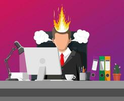 Stressed businessman on workplace tired to work on computer. Business man head in fire. Deadline, late with working task. Overworked stressed office worker. Time management. Flat vector illustration