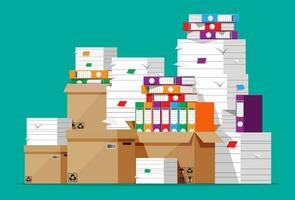 Pile of file folders, cardboard boxes and paper documents. Paperwork or bureaucracy concept. Unorganized messy papers stacks, office routine. Cartoon flat vector illustration isolated