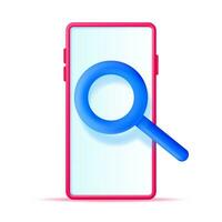 3D Smartphone with Magnifying Glass Isolated on White. Render Icon of Mobile Phone with Loupe on Empty Screen. Concept of Analytics, Search, Discovery, Examine. Vector Illustration