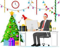 Christmas and New Year Office Desk Workspace Interior. Gift Box, Christmas Tree, Chair, Computer PC, Clocks. Business People. New Year Decoration. Merry Christmas Xmas. Flat Vector Illustration
