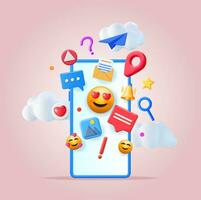 3D Social Media Concept Isolated. Render Smartphone with Colorful Social Network Icon. Chat Bubble, Like Button, Exclamation Question Mark, Notification Bell. Online Communication. Vector Illustration