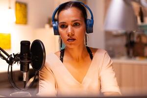 Recording audio at home using professional microphone. Creative online show presenter, On-air online production internet broadcast show host streaming live content, recording digital social media photo