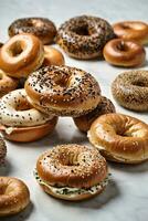 AI generated A delicious assortment of freshly baked bagels on a rustic wooden table photo