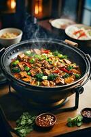 AI generated A delicious Asian stir-fry dish served in a traditional wok on a rustic wooden table photo