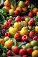AI generated A colorful assortment of fresh fruits displayed on a table photo