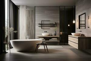 AI generated Bath space with smooth surfaces and minimalistic detailing. Natural and neutral color tones photo