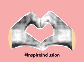 Collage banner with halftone effect woman hands in heart shape.Inspire inclusion.International Women's Day 2024 concept. Feelings and emotions vector