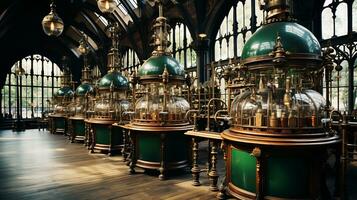 AI generated Steampunk lab with brass machinery, glowing concoctions, gears, and stained glass windows photo