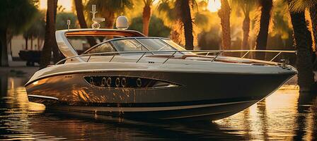 AI generated Elegant sailboats and luxury yachts in a sun drenched marina, ideal for upscale product showcases. photo