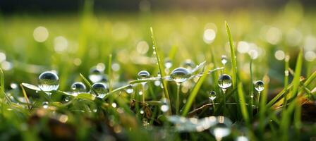 AI generated Enchanting and peaceful defocused natural green grass with water droplets bokeh background photo