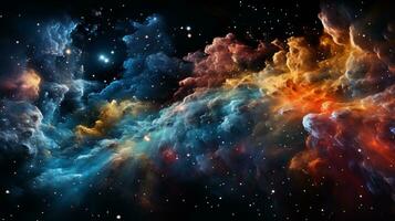 AI generated Cosmic ballet  swirling galaxies, ethereal nebulae, and radiant comets in starlit expanse photo