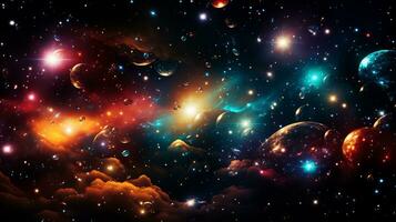 AI generated Cosmic ballet  swirling galaxies, ethereal nebulae, and radiant comets in starlit expanse photo