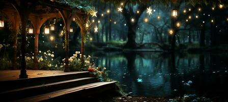 ai generado tranquilo orilla del lago escena a oscuridad con de madera muelle, centelleo estrellas, y radiante lleno Luna foto