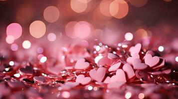 AI generated Pink bokeh background with mini heart symbols and soft glowing circles for creative poster design photo