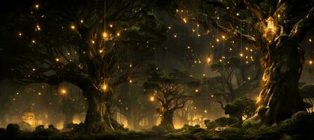 AI generated Enchanted forest clearing with fireflies, fairies, and woodland creatures in a midnight celebration photo