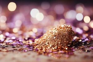 ai generado Exquisito púrpura y oro Brillantina bokeh antecedentes con brillante textura y cautivador belleza foto