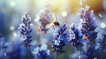 AI generated Beautiful colorful summer spring flower background with bees working on a sunny day and bokeh effect photo