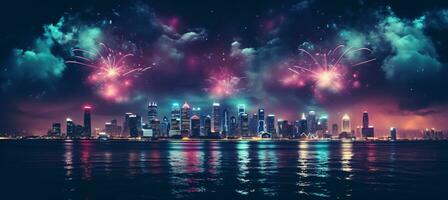 AI generated Futuristic metropolis  neon lights, skyscrapers, hovercars, fireworks in the night sky photo