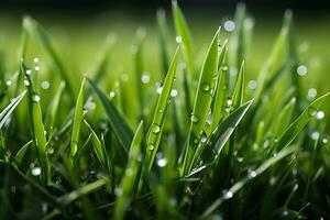 AI generated Serene bokeh blurred defocused natural green grass with sparkling water droplets background photo