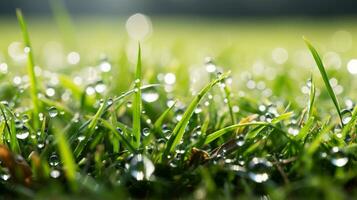 AI generated Dreamy bokeh background with blurred natural green grass and sparkling water droplets photo