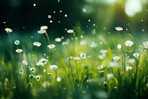AI generated Serene morning sunlight streaming through trees in peaceful nature bokeh blur background photo