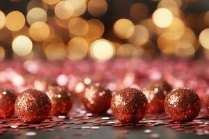 AI generated Rose pink glitter with gold sparkles background   defocused abstract christmas lights photo