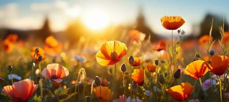 AI generated A mesmerizing summer affair with enchanting blooming wildflowers in beautiful bokeh blur photo