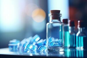 AI generated Sleek modern pharmacy interior with organized medication displays in blue and white tones photo