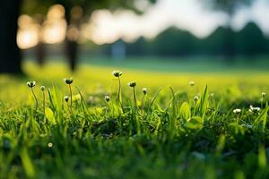 AI generated Morning sunlight through green and yellow bokeh  serene nature background with a touch of magic photo