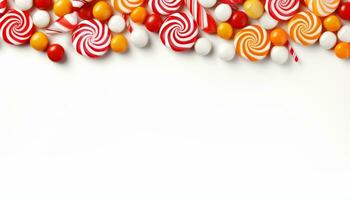 AI generated Christmas ornaments and candy on white background   top view winter mockup for text placement photo