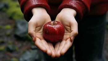 AI generated Childs fingers carefully plucking a ripe, juicy red apple from a vibrant and flourishing apple tree photo