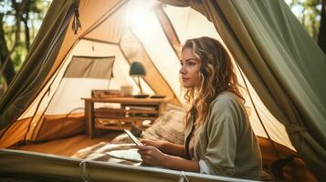 AI generated Young woman freelancer working online and enjoying serene nature with a mountain view photo
