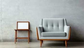 AI generated Minimalist interior with armchair and empty concrete wall background   mockup 3d render photo