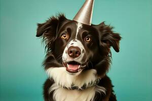 ai generado fiesta hora adorable contento perro celebrando cumpleaños con que cae papel picado en pastel antecedentes foto